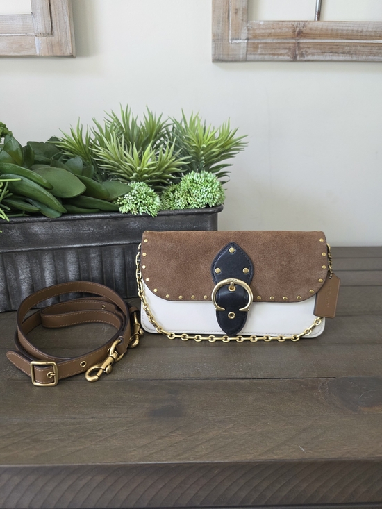 Coach Handbags - Coach Beat Crossbody Clutch Brown Suede White Leather Rivet Chain Strap